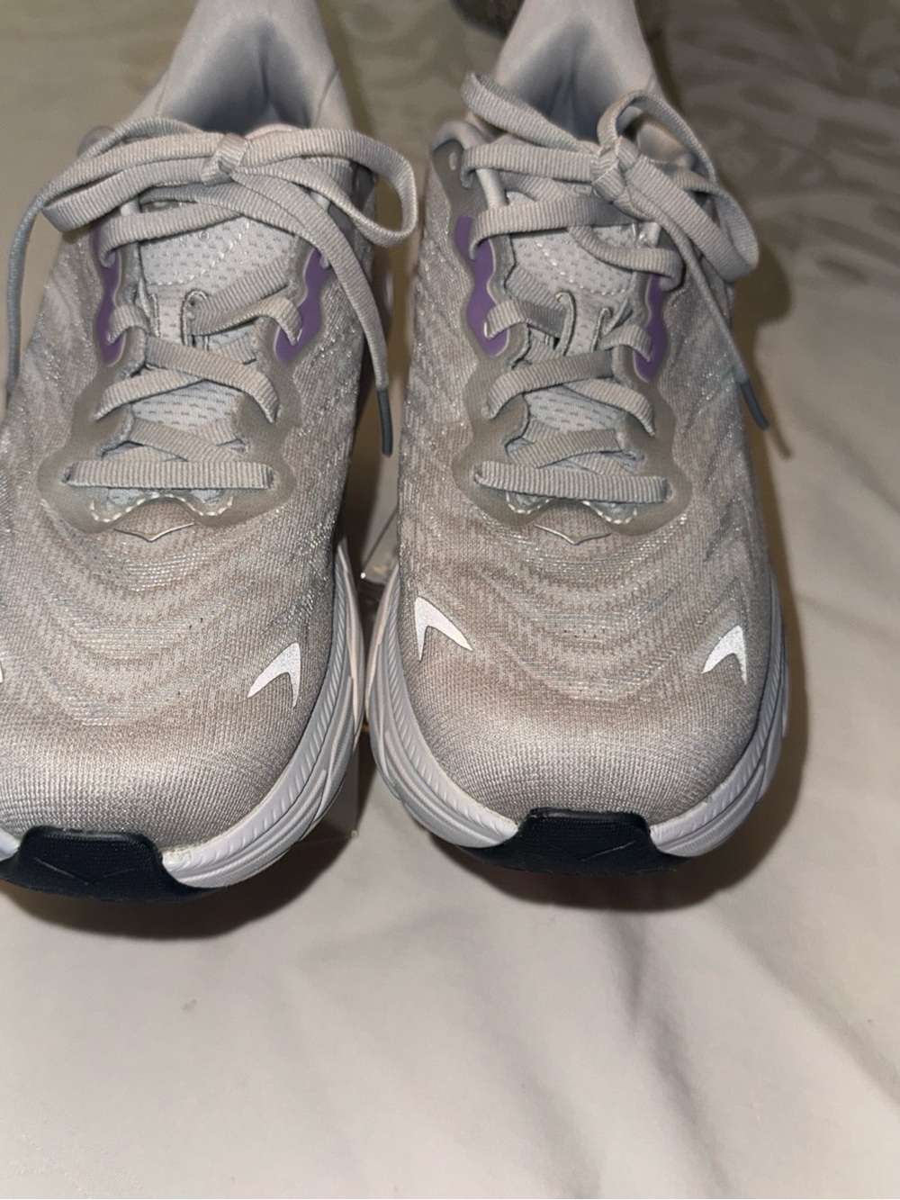 Hoka Women's Light Gray Running Shoes with Purple Accent